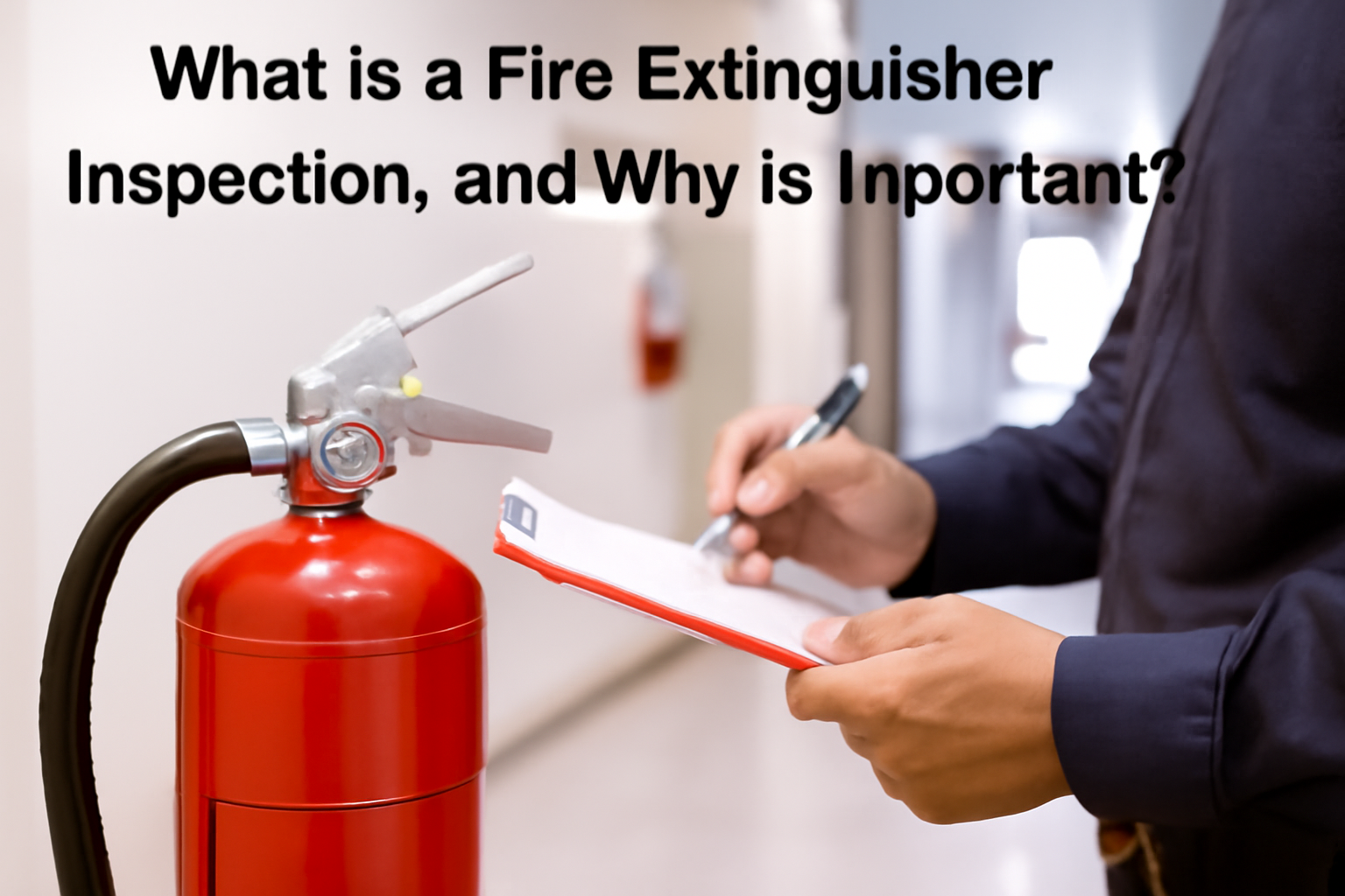 A person conducting a fire extinguisher inspection in a commercial building.